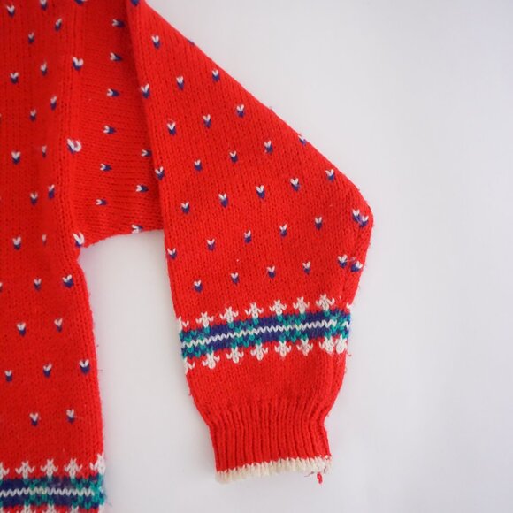 Vintage Ricki Red Mock Neck Heart Motif Fair Isle Knit Sweater Cabincore M - Picture 4 of 9